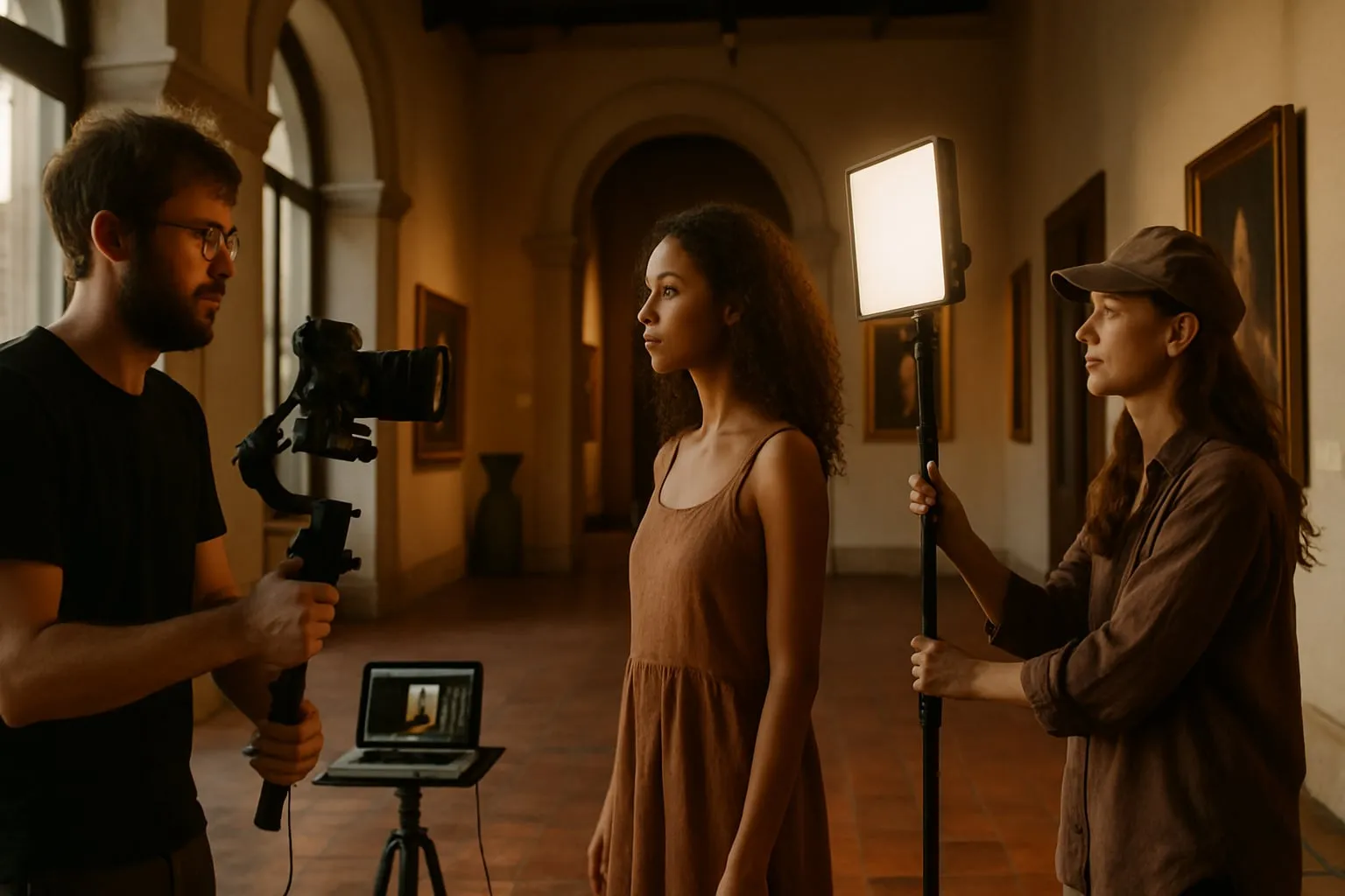 Filmagem de moda sustentável em espaços culturais